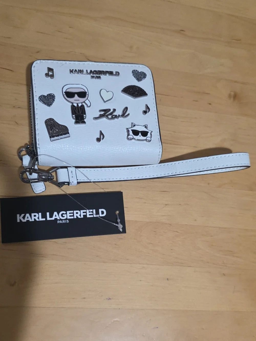 Karl Lagerfeld White Zip Wristlet Wallet with Icon Accents